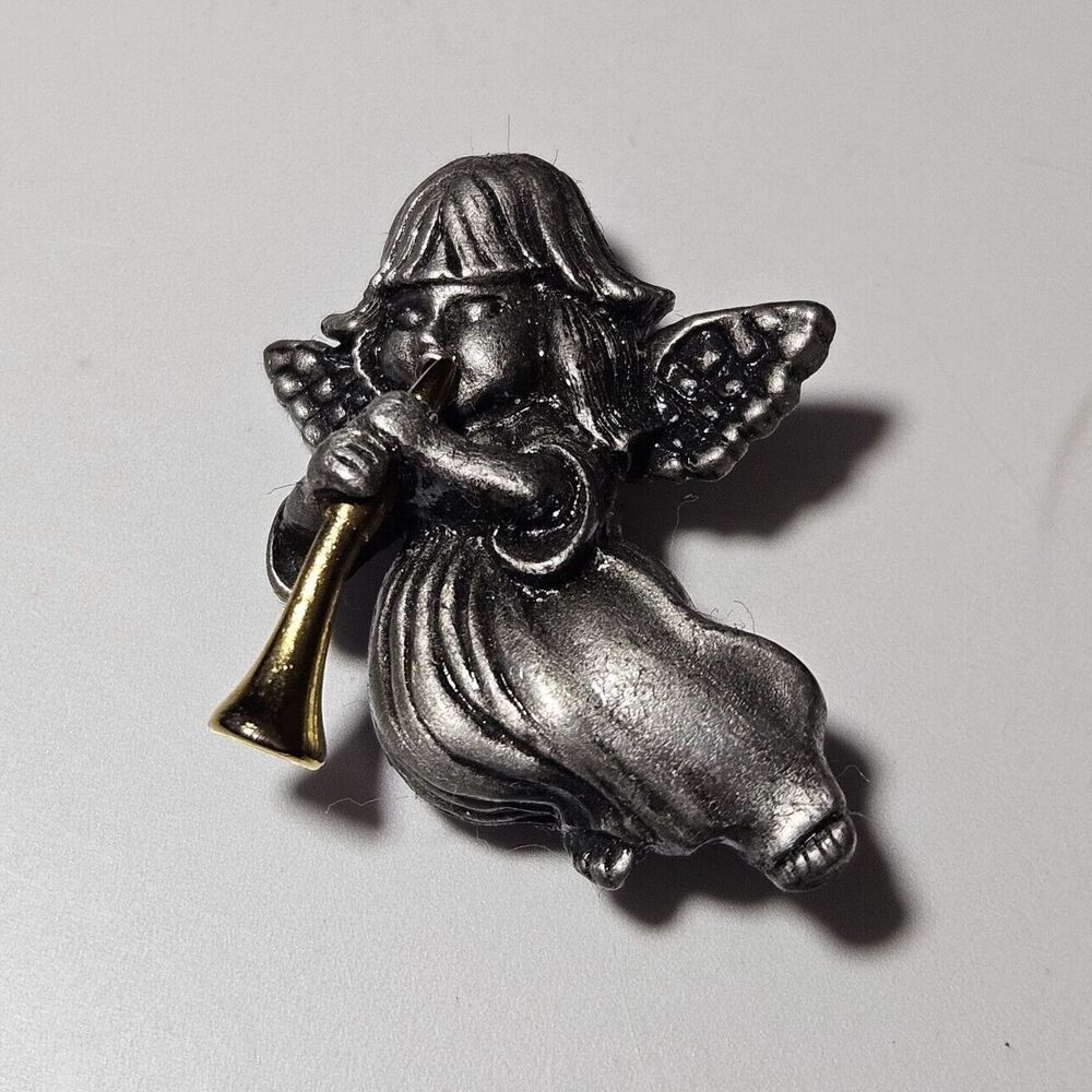 Vintage Signed Daria Guardian Angel Horn Brooch Fine Pewter
